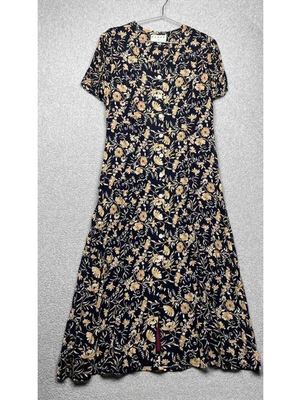 Paniz New York Dress Womens M VTG 90s Rayon Floral Button Midi Cottagecore USA